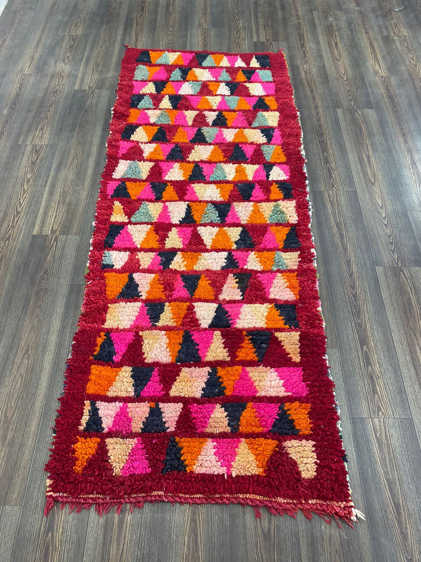 Berber woven colorful Wool Rug, 3x8 ft Vintage Moroccan RUNNER narrow Stair Rug.