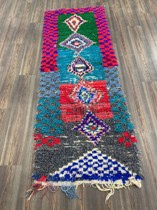 Tapis tribal marocain vintage 2 x 8 pieds, vieux tapis de couloir coloré.