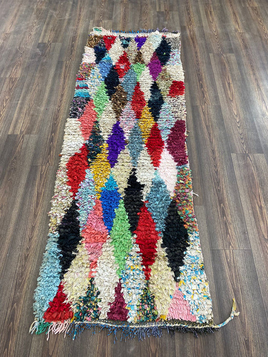Tapis de couloir étroit Boucherouite, 2x7 pi, tapis à diamants colorés vintage.