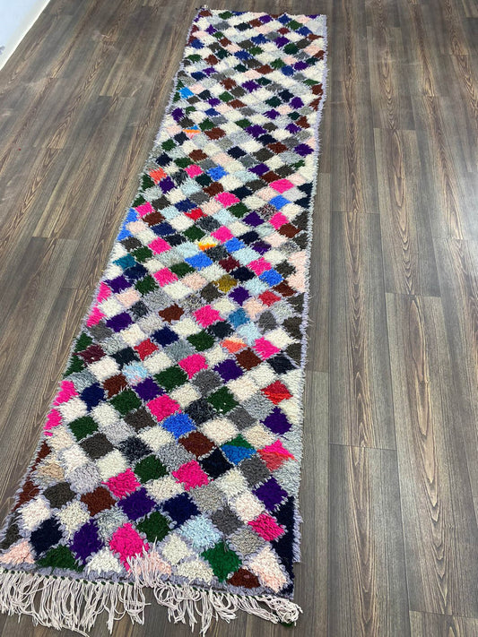 Tapis berbères vintage en laine, tapis étroit à losanges colorés de 3 x 10 pieds.