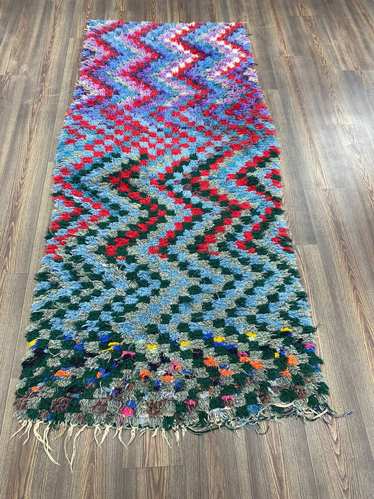 Tapis de couloir marocain vintage à carreaux colorés de 3 x 11 pieds.