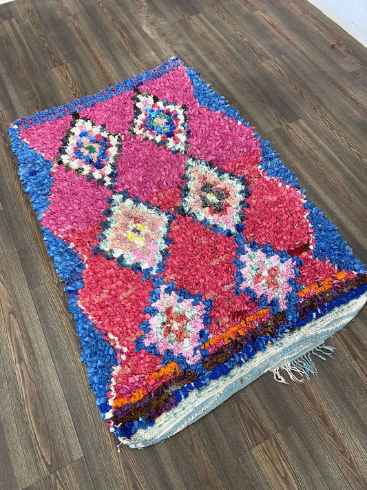 Petit tapis 3x5, tapis marocain boucherouite vintage coloré.
