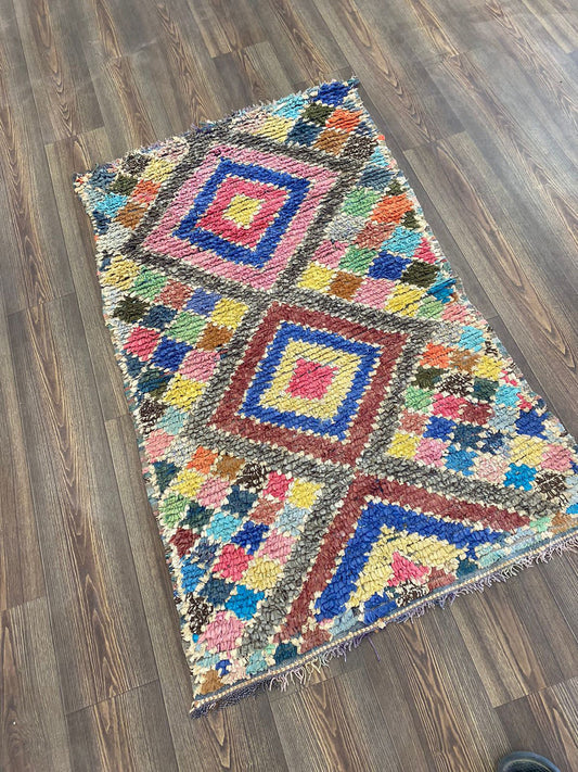 Moroccan Berber Rug 3 ft by 5 ft, Vintage Boucherouite runner rug.