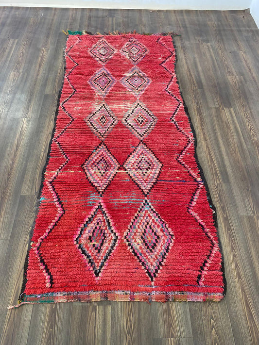 Tapis rouge Boho Vintage, tapis marocain tissé en laine et coton 4x9 pieds.