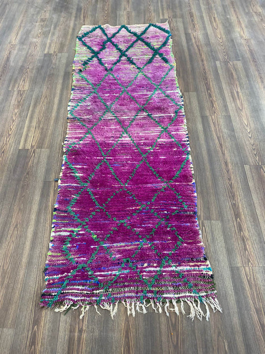Tapis vintage délavé violet 2x8 pieds, tapis étroit tissé en laine.