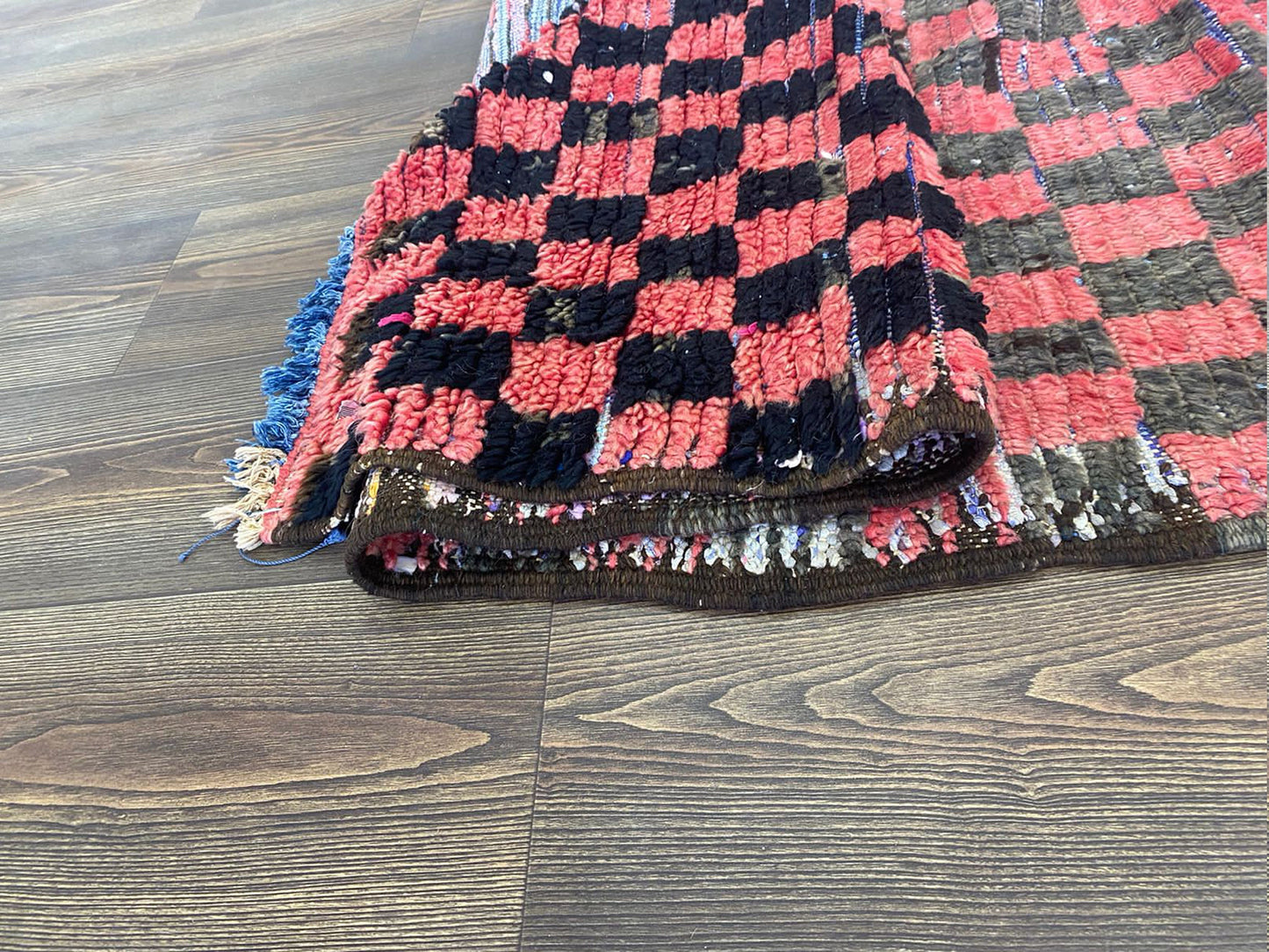 red and black vintage Rug, berber checkered 3 by 8 ft runner rug.