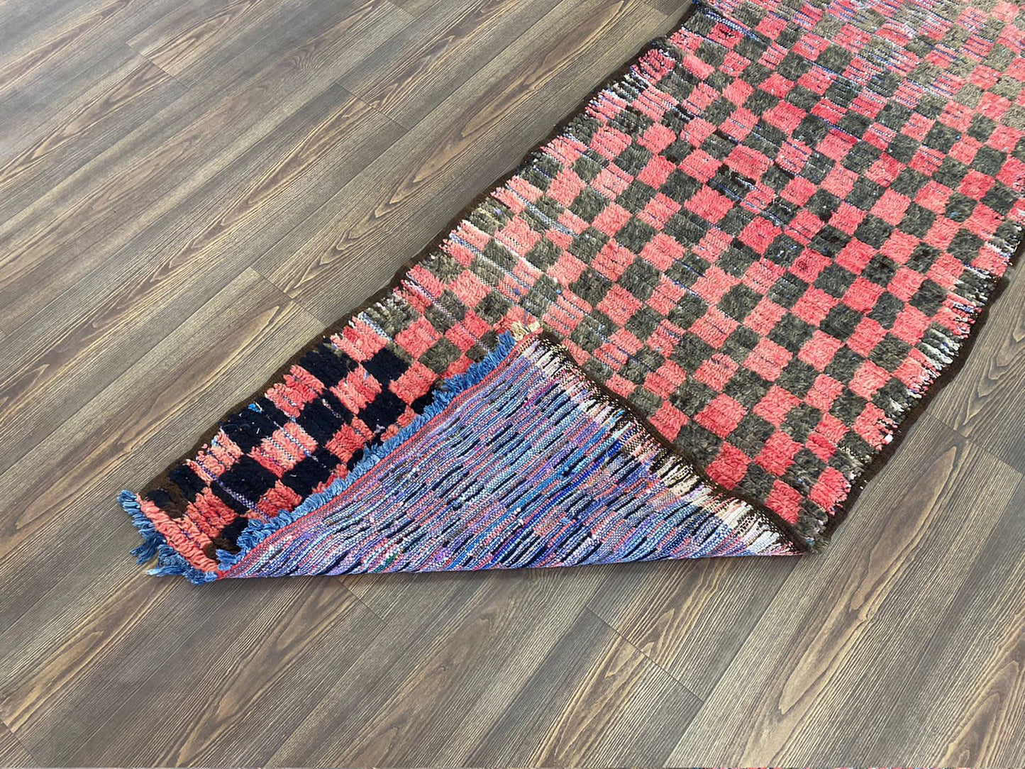 red and black vintage Rug, berber checkered 3 by 8 ft runner rug.