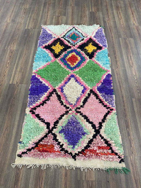 Tapis de couloir Boucherouite coloré 3x7, tapis de couloir tribal Boho vintage, tapis tissés anciens berbères marocains.
