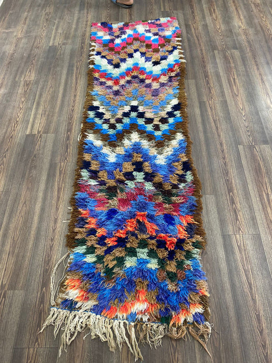Berber Moroccan Tribal Vintage Rug, 2.5x7 FT, checkered colorful narrow runner rug.