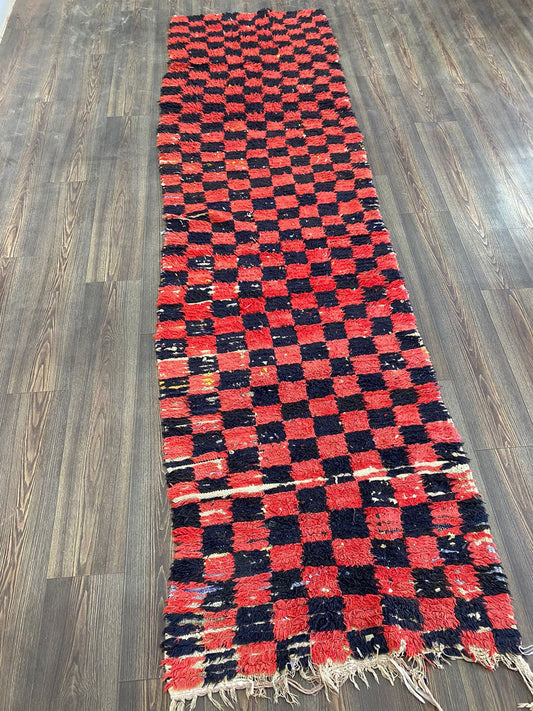 Tapis en laine à carreaux 3x10 pieds, tapis berbère vintage marocain long et étroit.