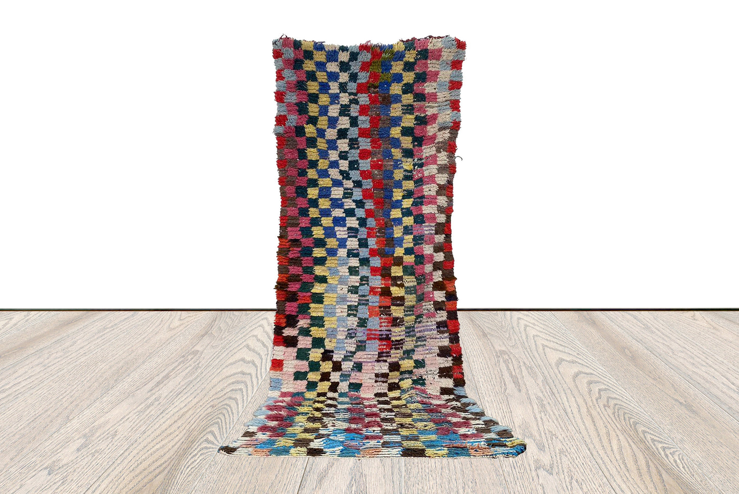 3 ft by 8 ft Berber Vintage Checkered Rug, Berber narrow runner Rug.