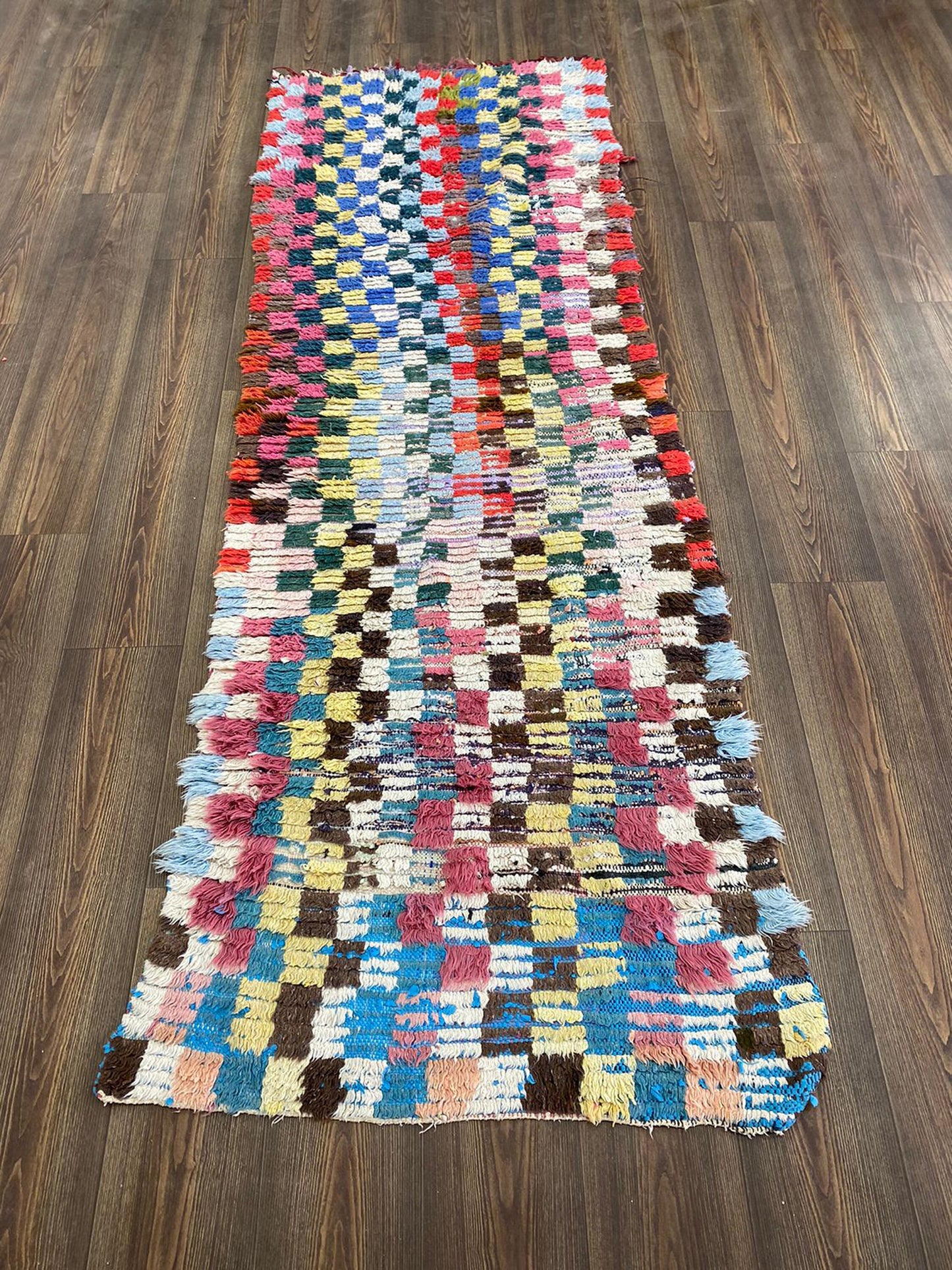 3 ft by 8 ft Berber Vintage Checkered Rug, Berber narrow runner Rug.
