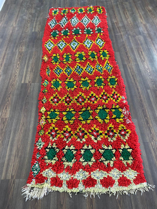 Tapis berbère en laine colorée, tapis marocain vintage rouge rare, 3x9 pieds.