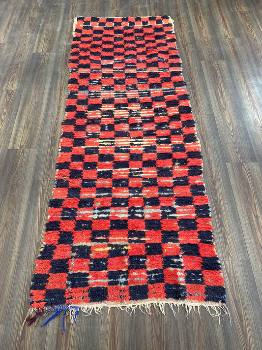3x8 ft moroccan Checkered Rug, berber vintage red and black runner Rug.