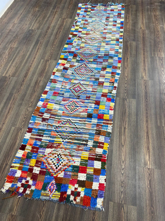 Tapis tissé tribal marocain 3x10 pieds, tapis de couloir étroit à carreaux.