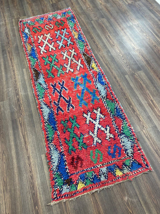 vintage shaggy wool rug, 2 by 8 feet, moroccan berber colored narrow runner rug.
