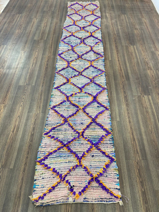 Tapis long à losanges berbères marocains de 3 x 12 pieds, tapis étroits colorés vintage tribaux.