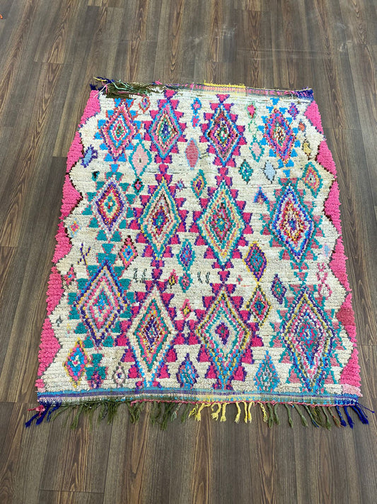 4x5 ft moroccan boucherouite unique rug, berber vintage colorful area rug.