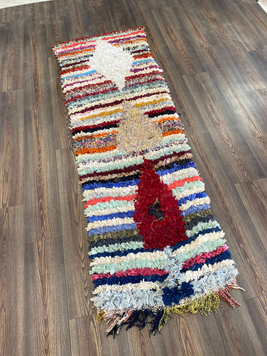 Berber Vintage Boucherouite Narrow runner Rug, 2x7 feet Old Rug.