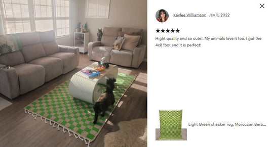 Tapis berbère marocain à carreaux vert clair et beige.