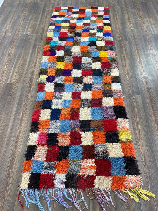 Tapis de couloir berbère vintage à carreaux colorés 3x10 pieds.