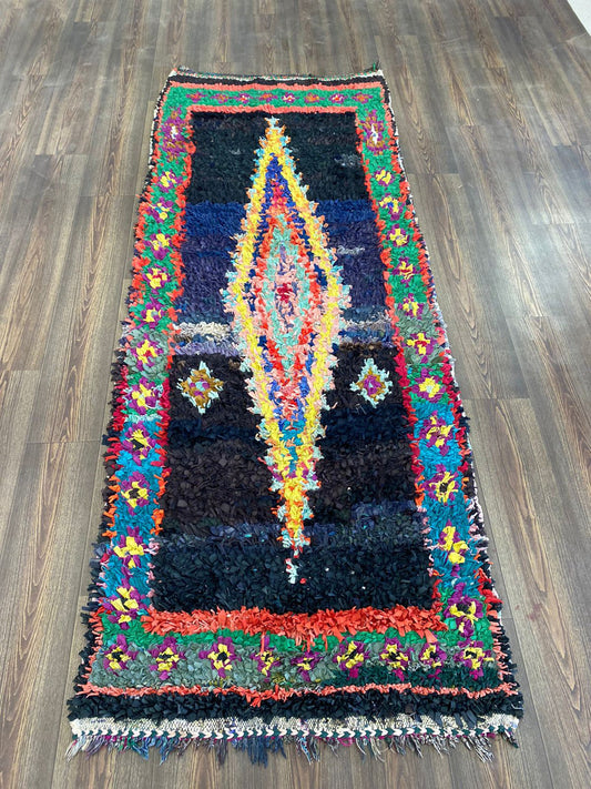 Boucherouite Colorful Unique old rare vintage Rugs, 3 ft by 8 ft Moroccan Berber runner Rug.
