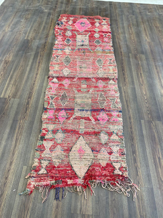 Vintage Moroccan Berber worn rug, faded color narrow runner rugs. 3x8 Feet wool woven and recycled material.