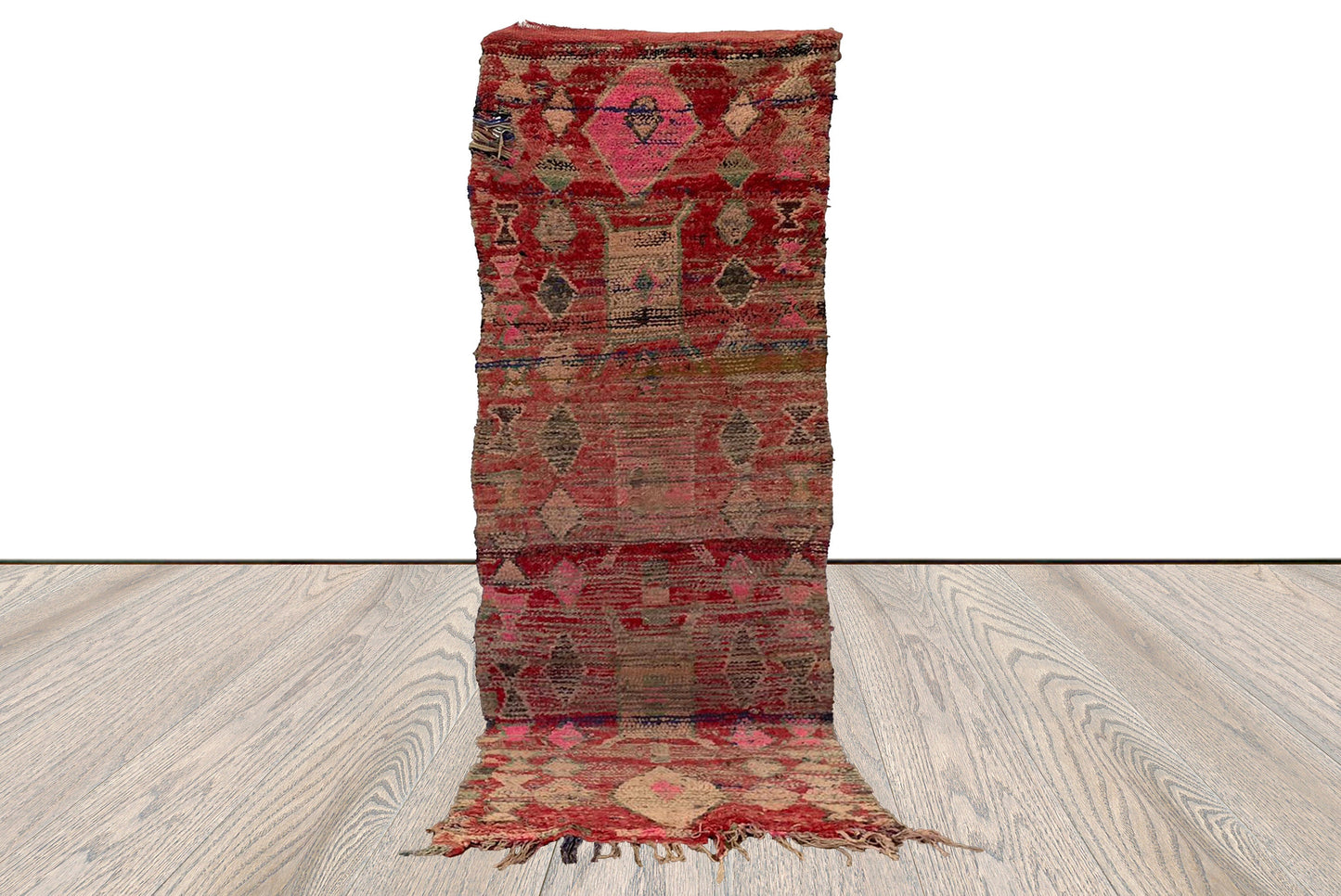 Vintage Moroccan Berber worn rug, faded color narrow runner rugs. 3x8 Feet wool woven and recycled material.