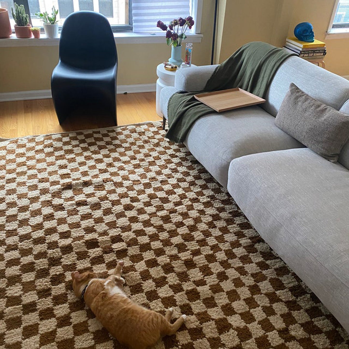 Light Brown and white area rug, Large Moroccan Berber Checkered Checker nursery rug