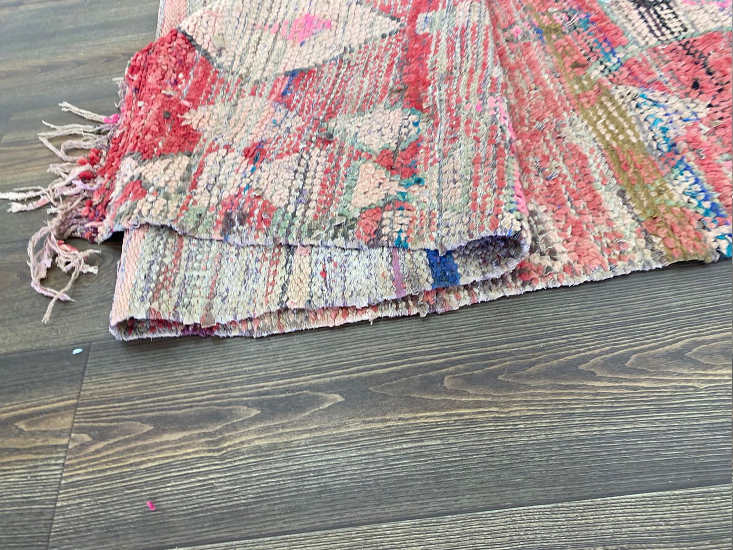 Vintage Moroccan Berber worn rug, faded color narrow runner rugs. 3x8 Feet wool woven and recycled material.