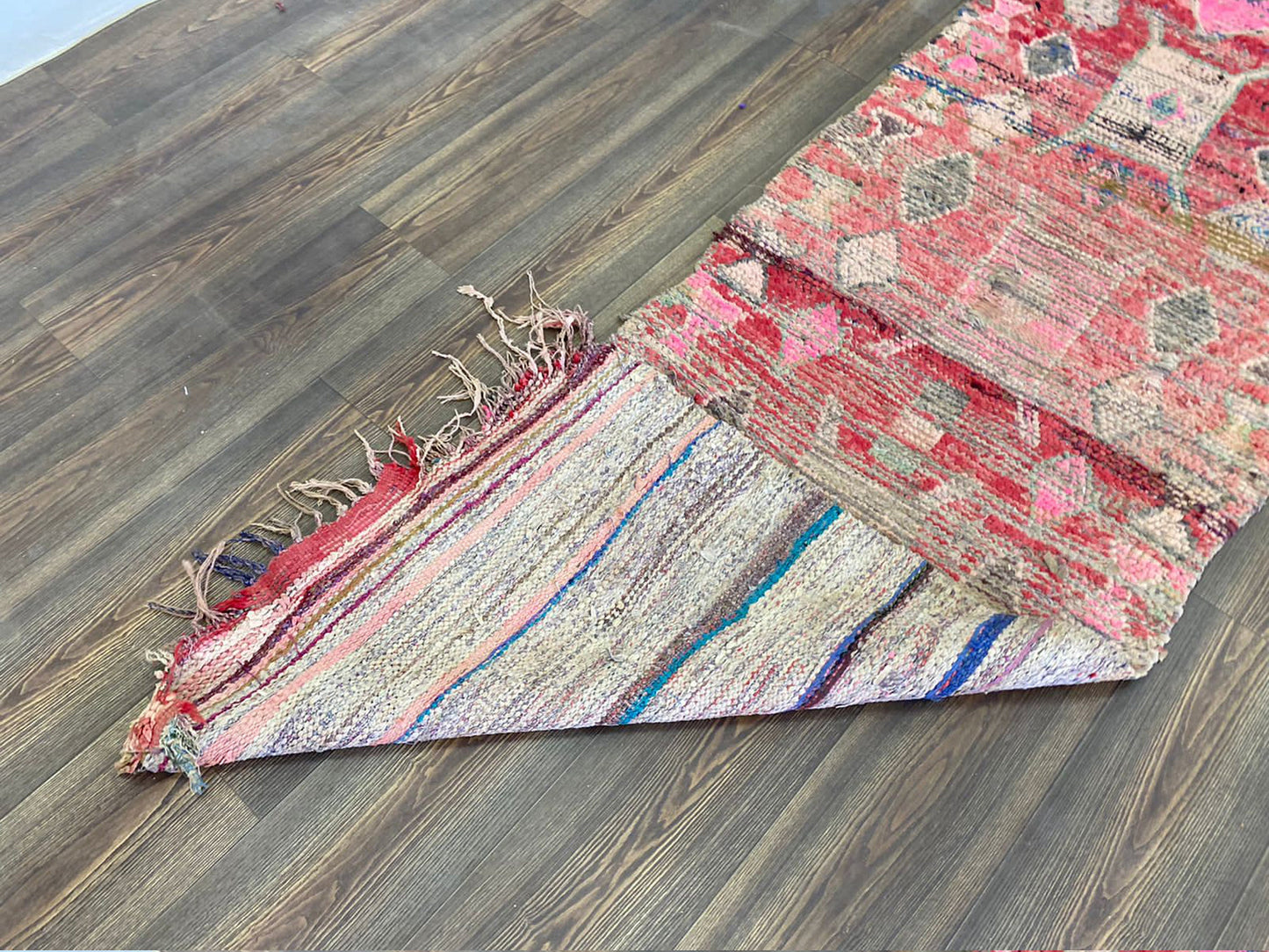 Vintage Moroccan Berber worn rug, faded color narrow runner rugs. 3x8 Feet wool woven and recycled material.