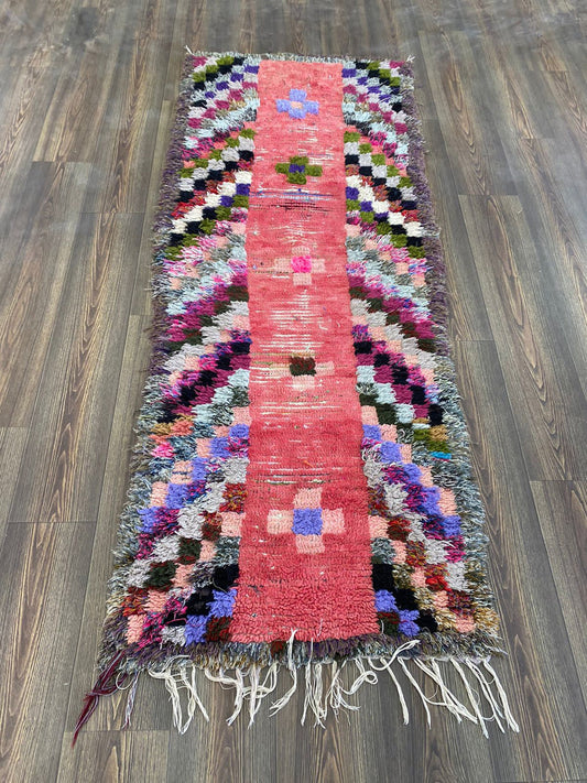 Tapis à carreaux étroit, 3x7 pieds, tapis marocain vintage coloré.