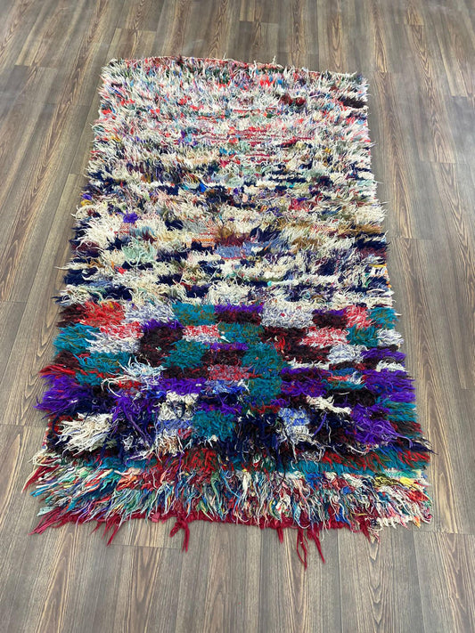 Colorful Shag vintage area Rug, 4x7 ft Moroccan Style Old rare Rugs.
