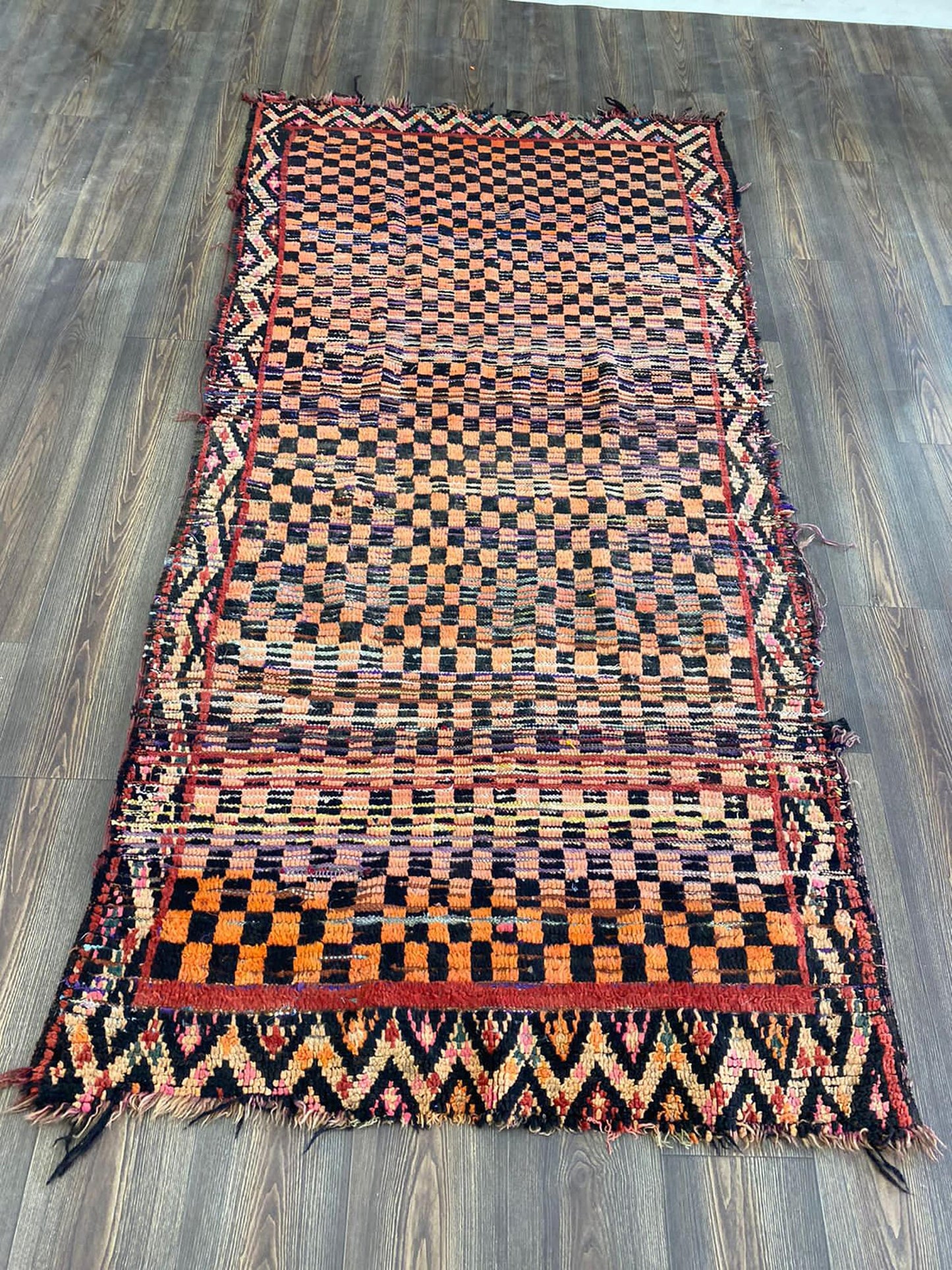 4x8 ft Moroccan Checkered Vintage area Rug. Berber Handwoven Colorful Rugs.