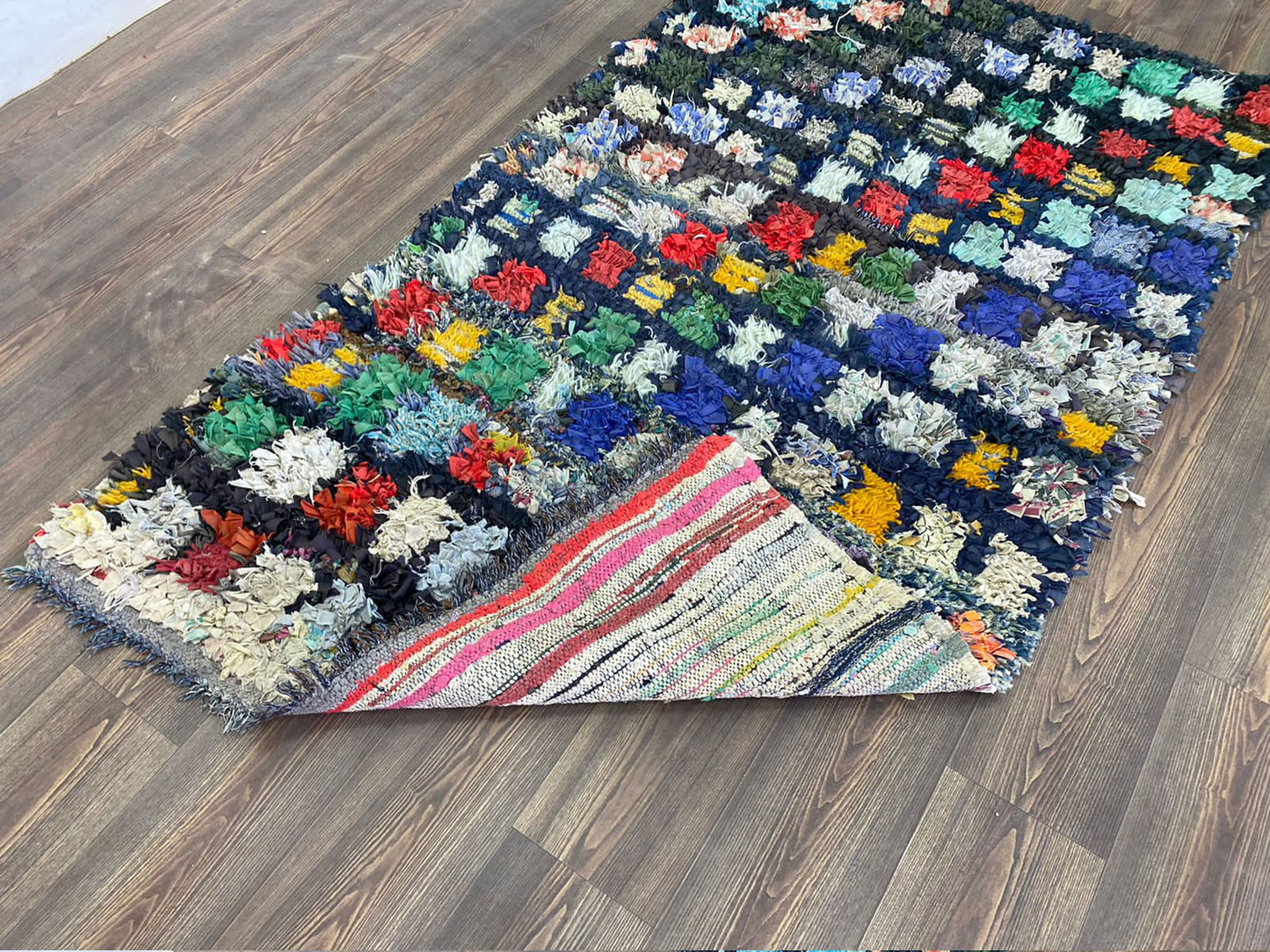 Boucherouite vintage Grid area Rugs, 4x7 Berber woven Unique large Rug.