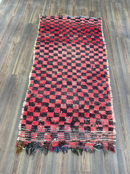 Checkerboard vintage Moroccan small area Rug, Checked Red and Black Rug, Hand woven rugs 3x7 Ft.