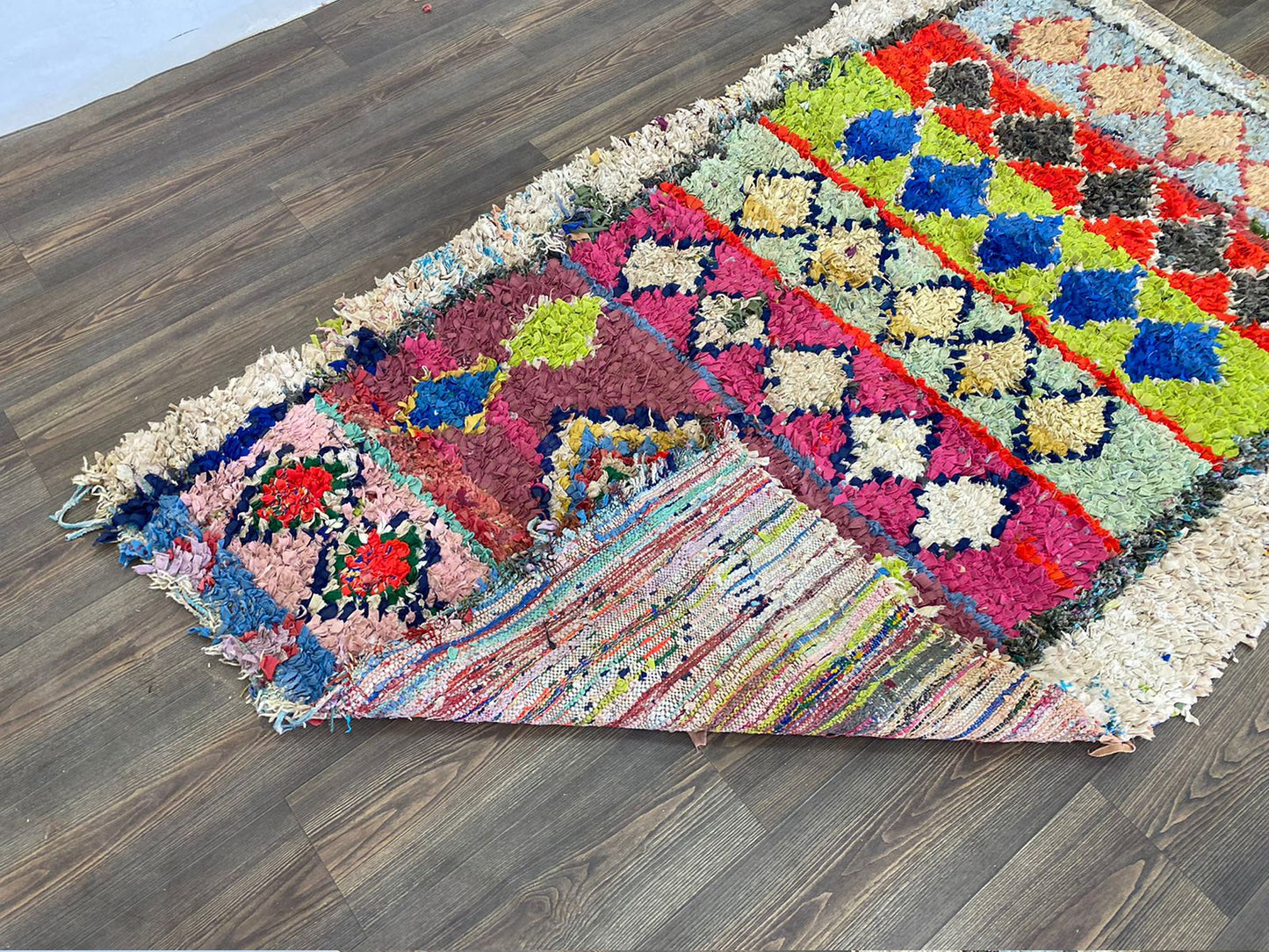 Boucherouite Moroccan Diamond 4x7 ft Shag Rug, Vintage colorful area Rugs.