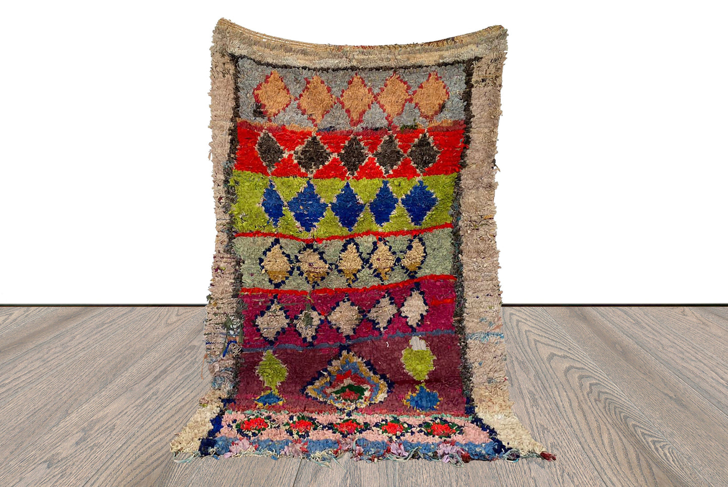 Boucherouite Moroccan Diamond 4x7 ft Shag Rug, Vintage colorful area Rugs.