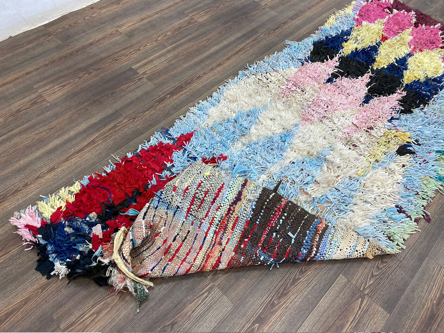 Boucherouite Moroccan Diamond 3x8 ft Shag Rug, Vintage colorful area Rugs.