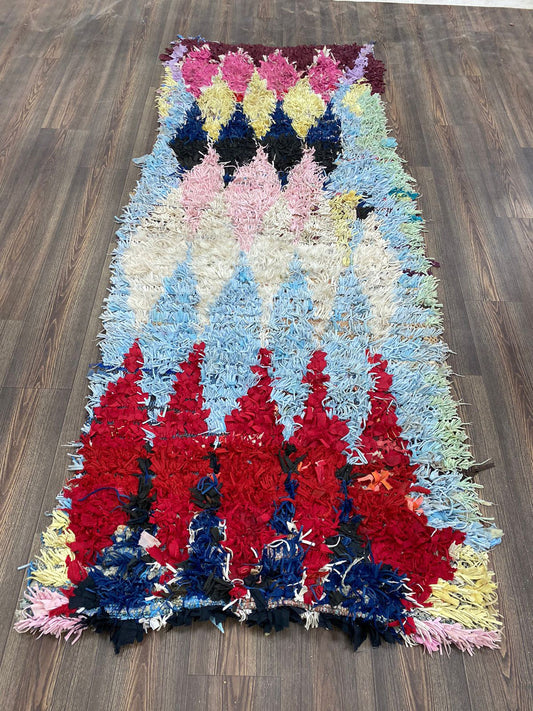 Boucherouite Moroccan Diamond 3x8 ft Shag Rug, Vintage colorful area Rugs.