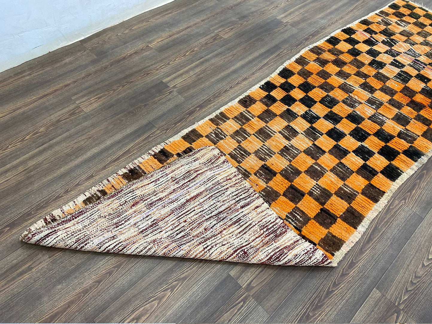black yellow checkered vintage runner Rug, Moroccan woven Berber long Rugs 3 ft BY 9ft.