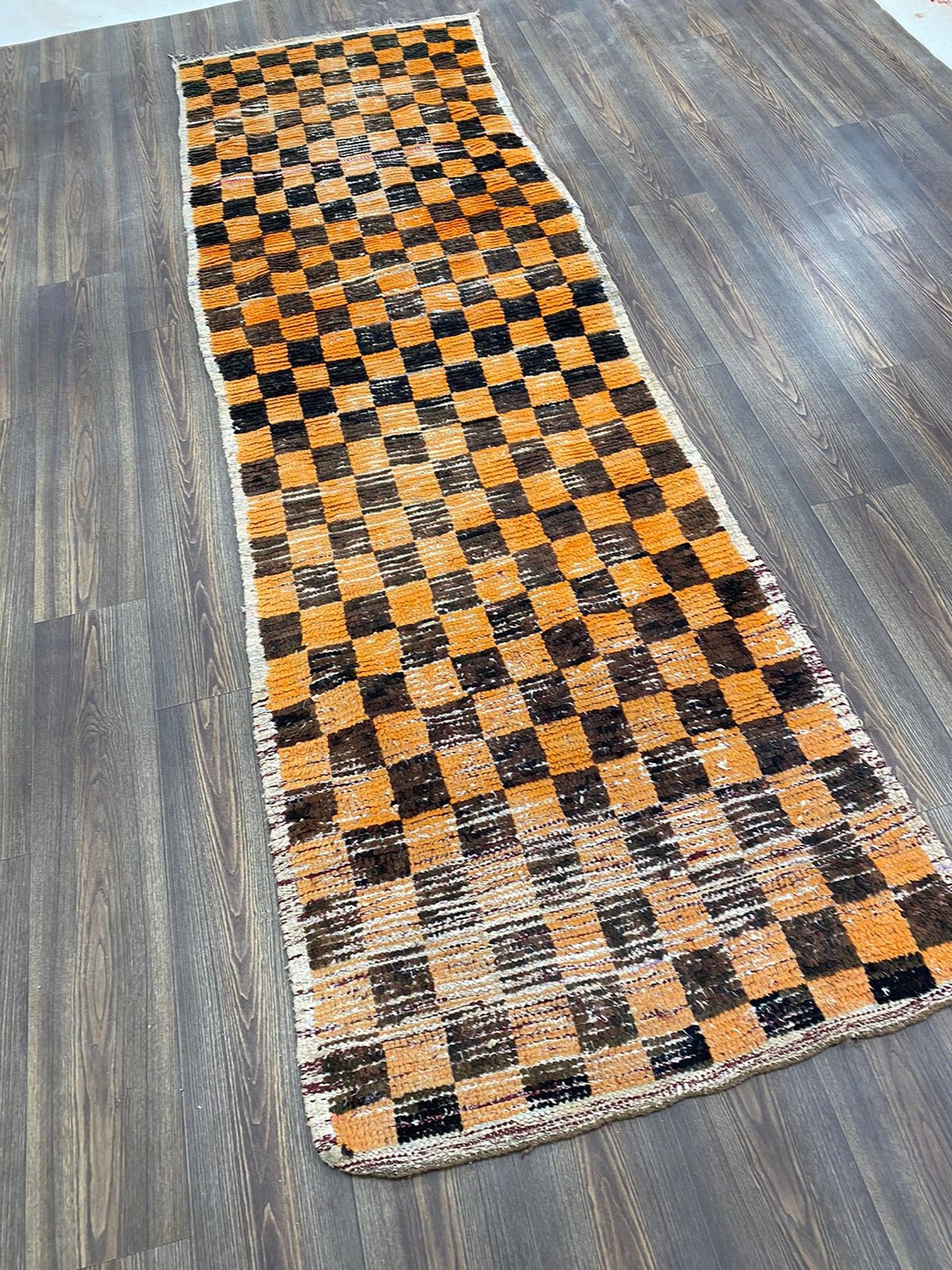 black yellow checkered vintage runner Rug, Moroccan woven Berber long Rugs 3 ft BY 9ft.