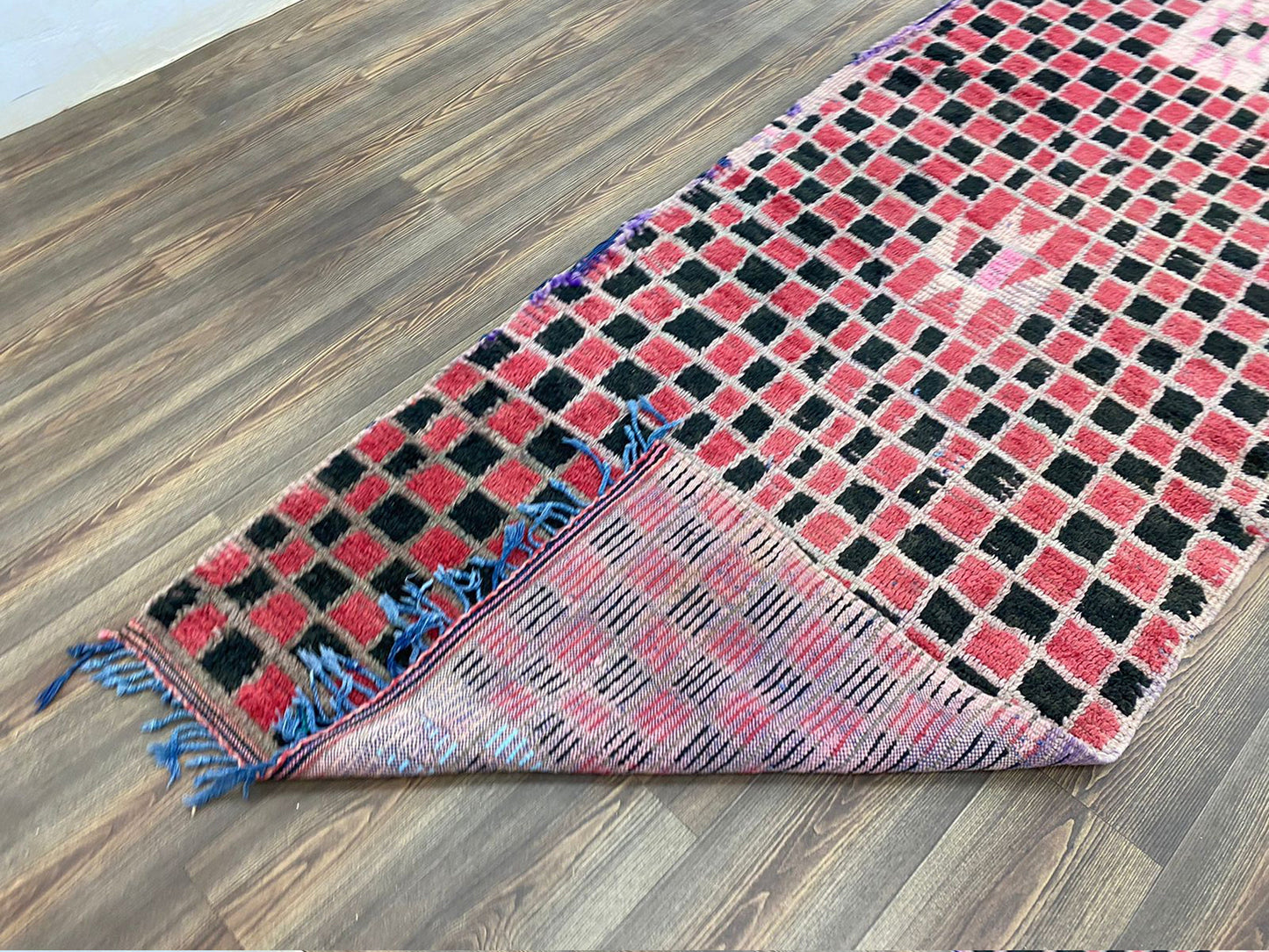 4 By 8 ft vintage Berber unique Rugs, Moroccan red black checkered runner Rug.