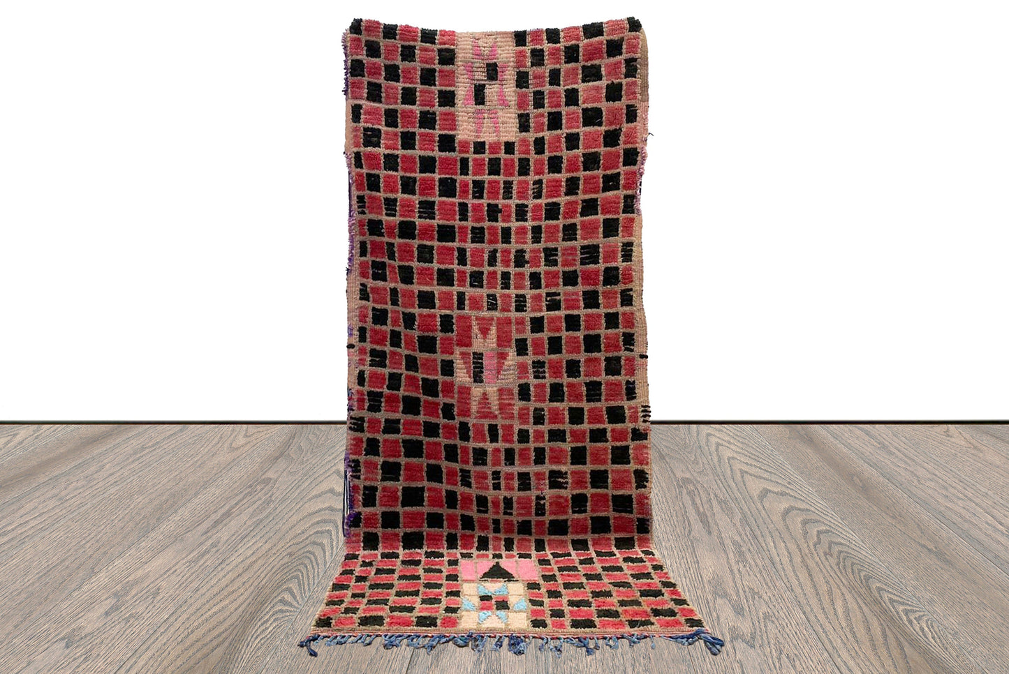 4 By 8 ft vintage Berber unique Rugs, Moroccan red black checkered runner Rug.