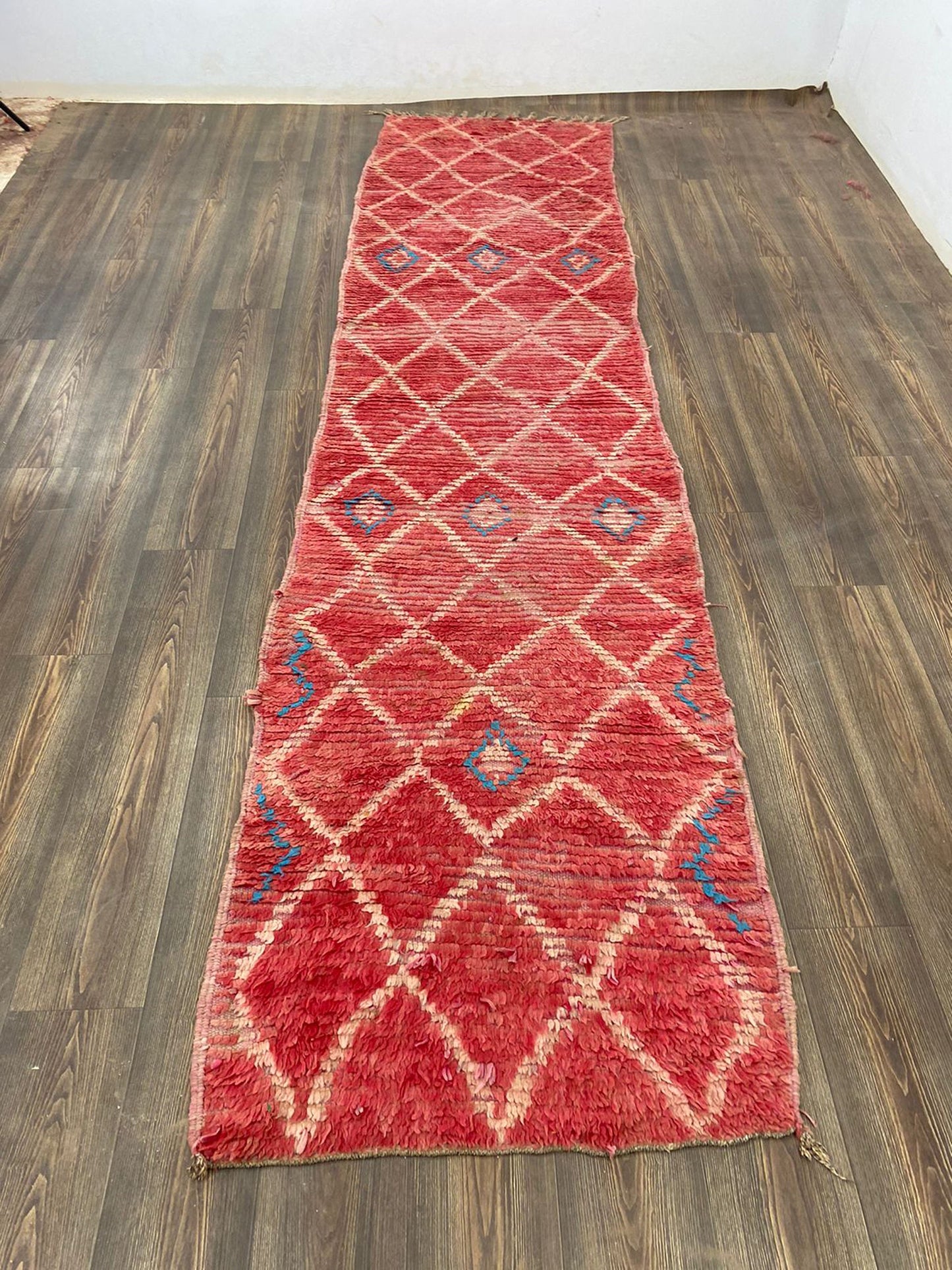 3 By 12 ft Moroccan vintage Diamond faded red and white Extra Long runner rugs, Berber unique Rugs