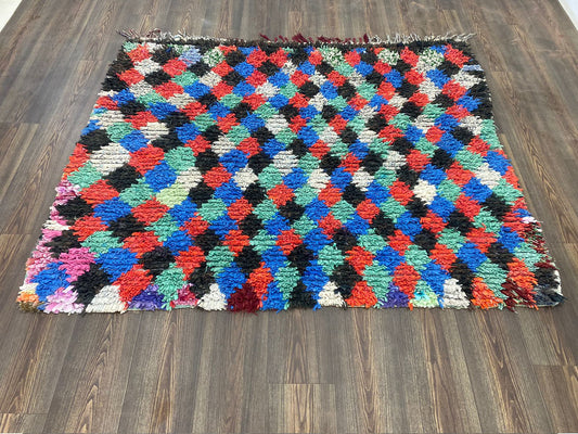 5x5 Diamond vintage Woven Colorful area Rug, Berber Moroccan Rug.