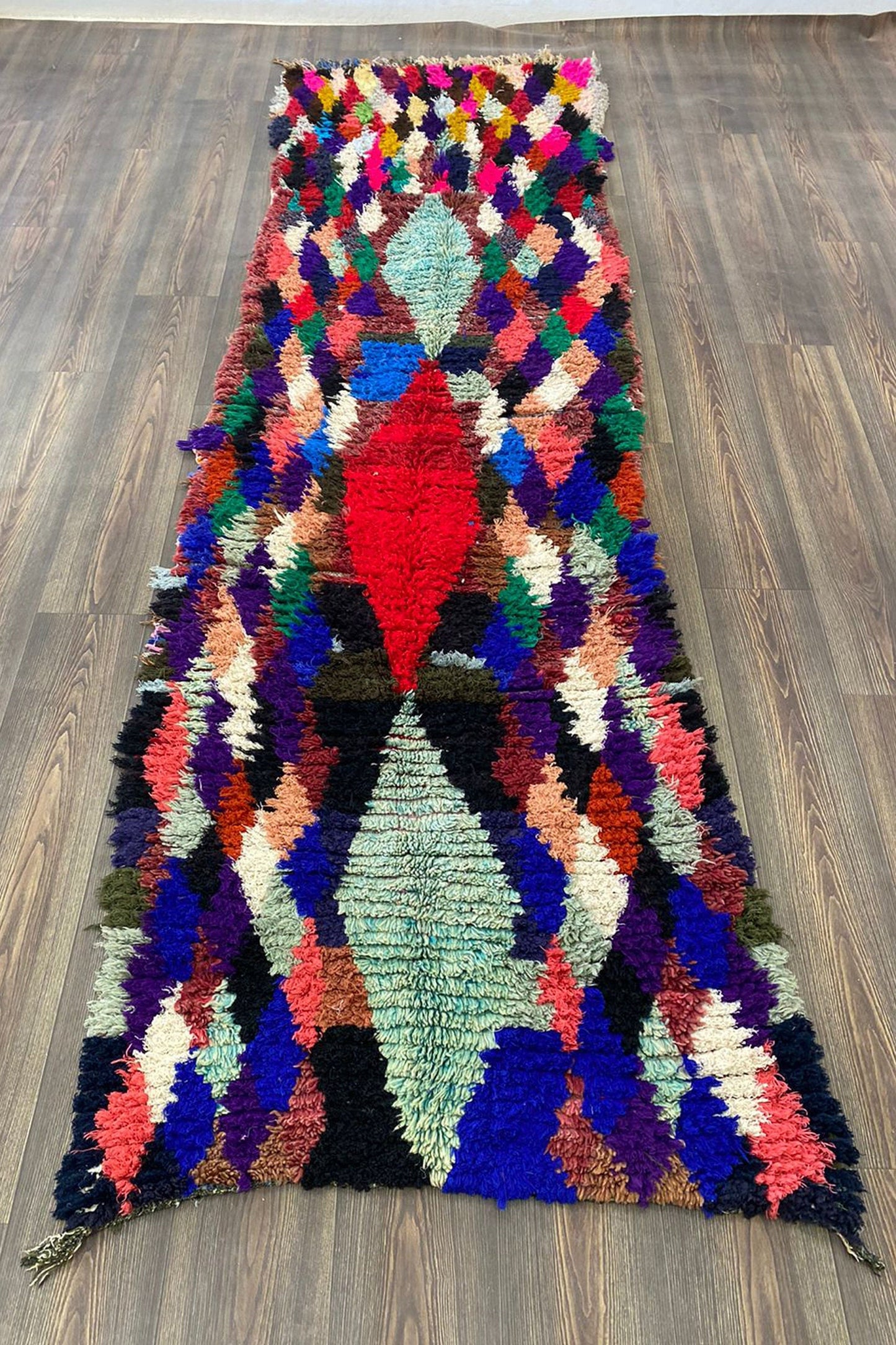 Hand woven Diamond Colorful long runner Berber Rug, 3x10 Moroccan vintage shag Rugs.