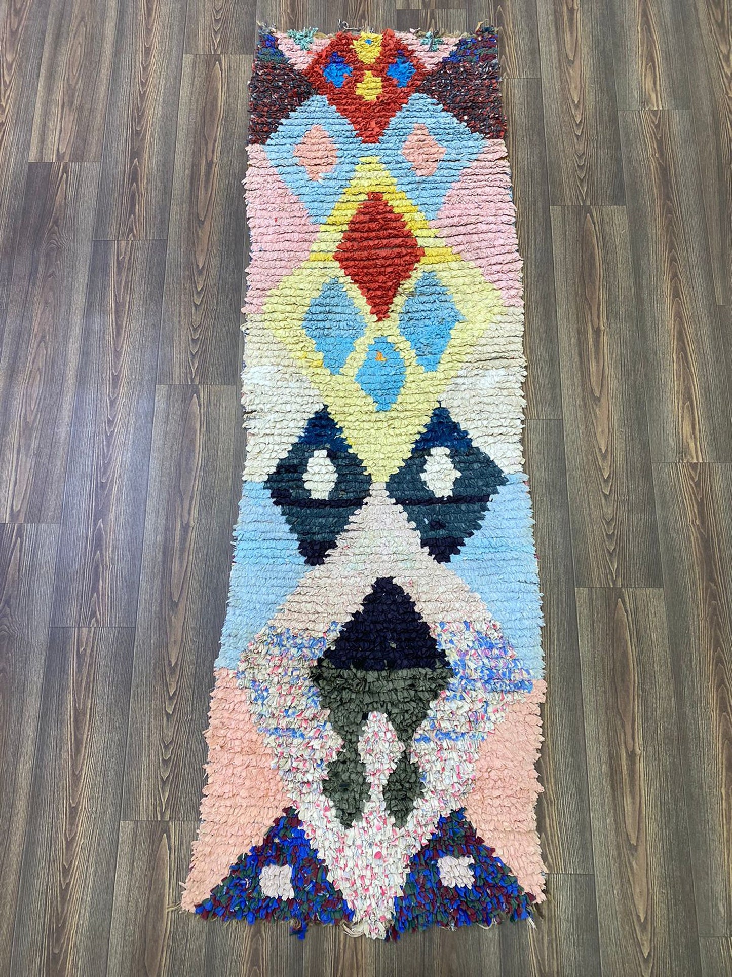 2x7 Narrow Boucherouite vintage runner Rugs, Moroccan Berber Diamond Colored Rug.