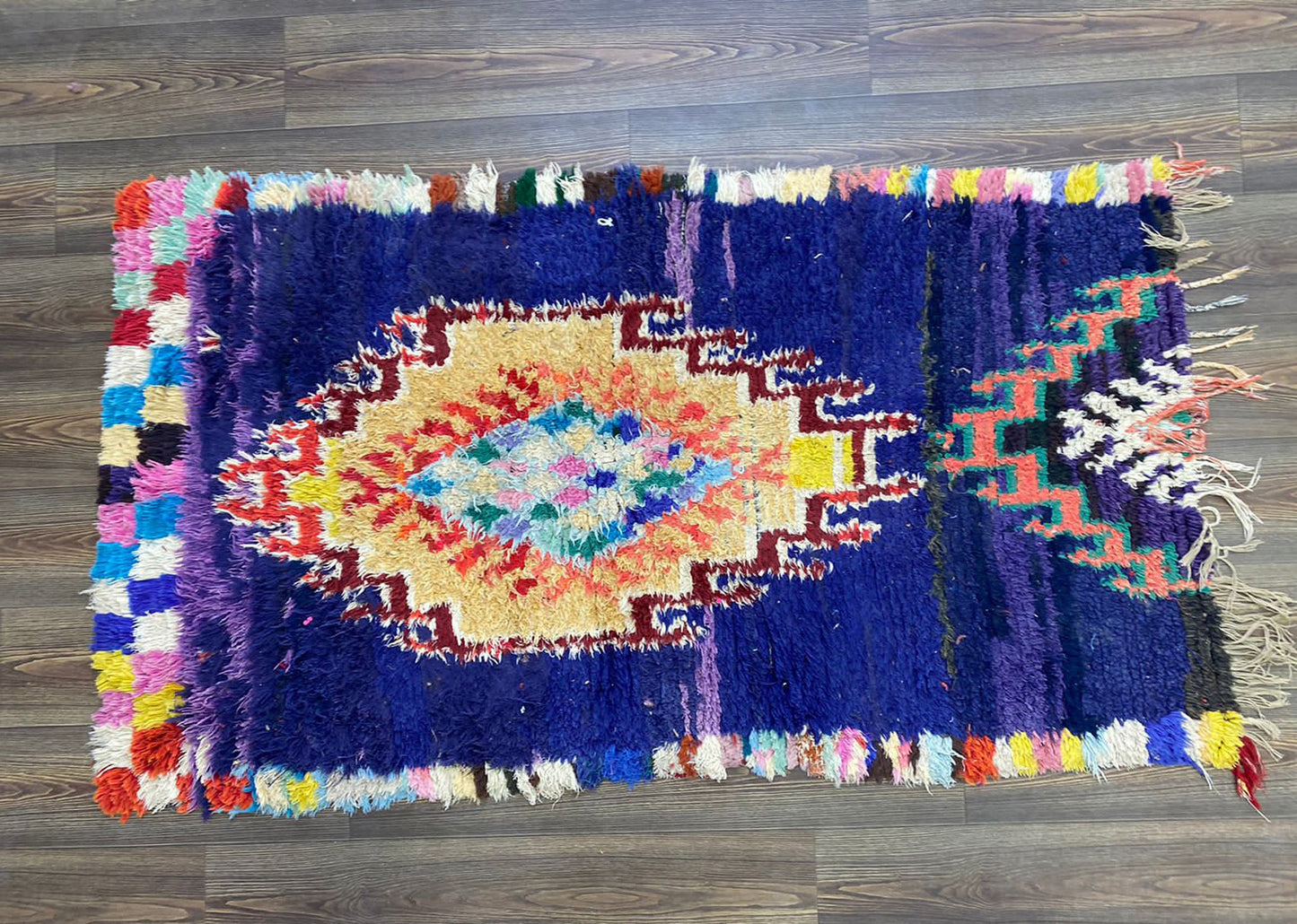 Moroccan handwoven Vintage woolen area Rug, 3x6 Berber blue Rug.