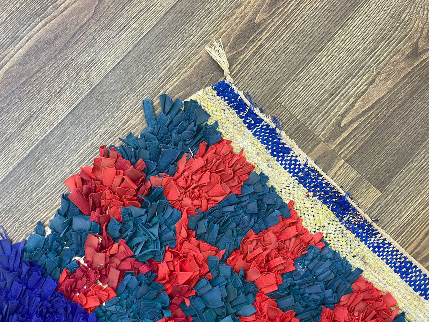 3x7 Boucherouite Narrow vintage runner Rugs, Moroccan Handwoven Recycled Materials Rug.
